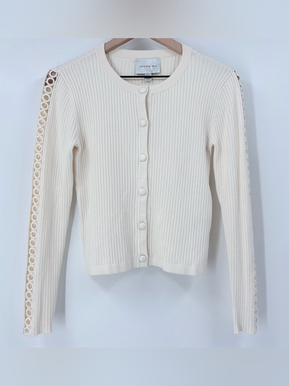Jason Wu Cream Circle Lace-Trim Rib-Knit Cardigan